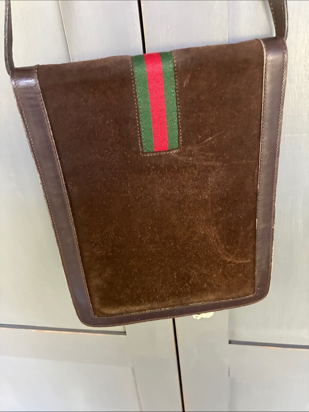 Gucci Brown Suede Messenger Bag with Green-Red Web Stripe - Picture 3 of 7